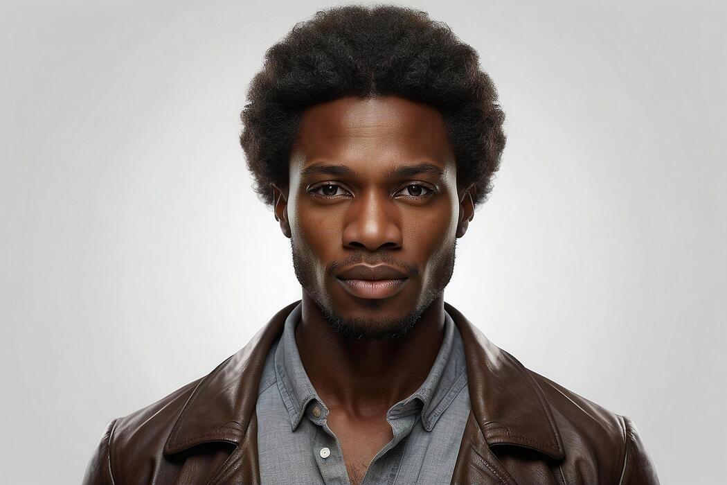 ai generated studio portrait of a young black man staring at the camera isolated on a plain background promotional image photo